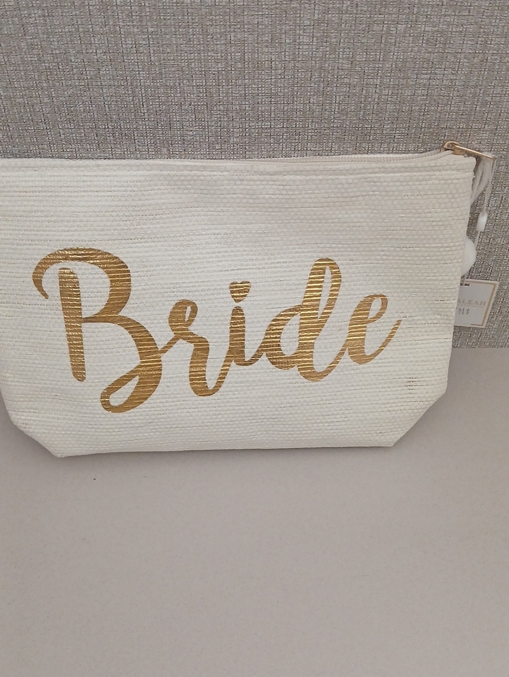 Shiraleah Cream Canvas Pouch with Gold Script and Pom Pom